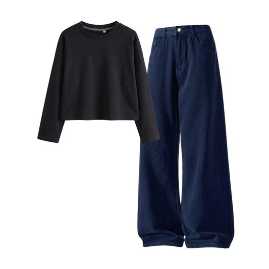 Darkblue Wide-Leg Baggy Jeans With Crop Full Sleeves T-Shirt