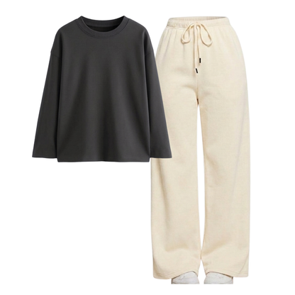 Beige Wide-Leg Trouser With Full Sleeves T-Shirts
