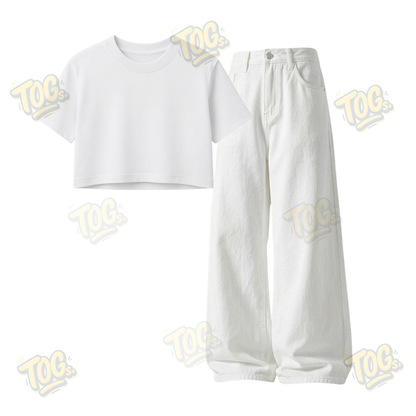 White Wide-Leg Baggy Jeans With Crop T-Shirt