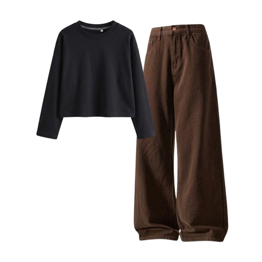 Brown Wide-Leg Baggy Jeans With Crop Full Sleeves T-Shirt