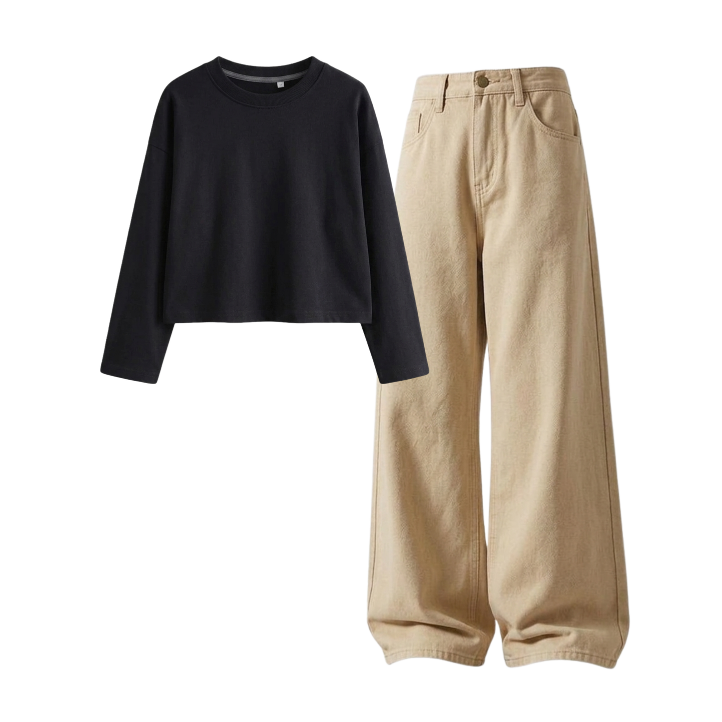 Beige Wide-Leg Baggy Jeans With Crop Full Sleeves T-Shirt