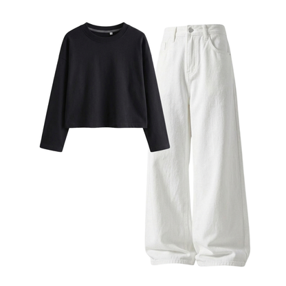 White Wide-Leg Baggy Jeans With Crop Full Sleeves T-Shirt