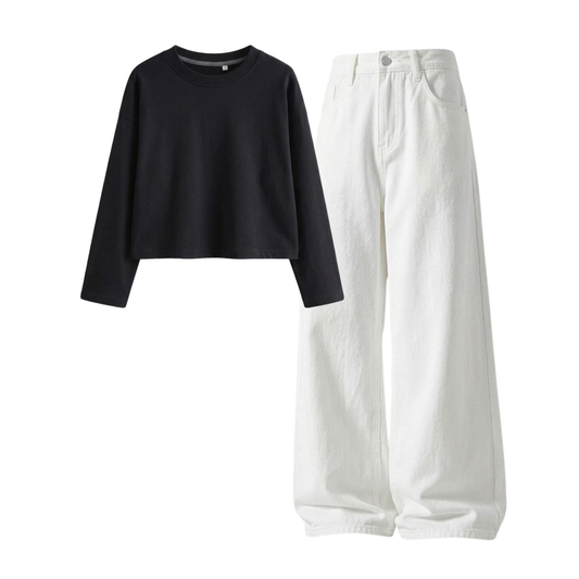 White Wide-Leg Baggy Jeans With Crop Full Sleeves T-Shirt