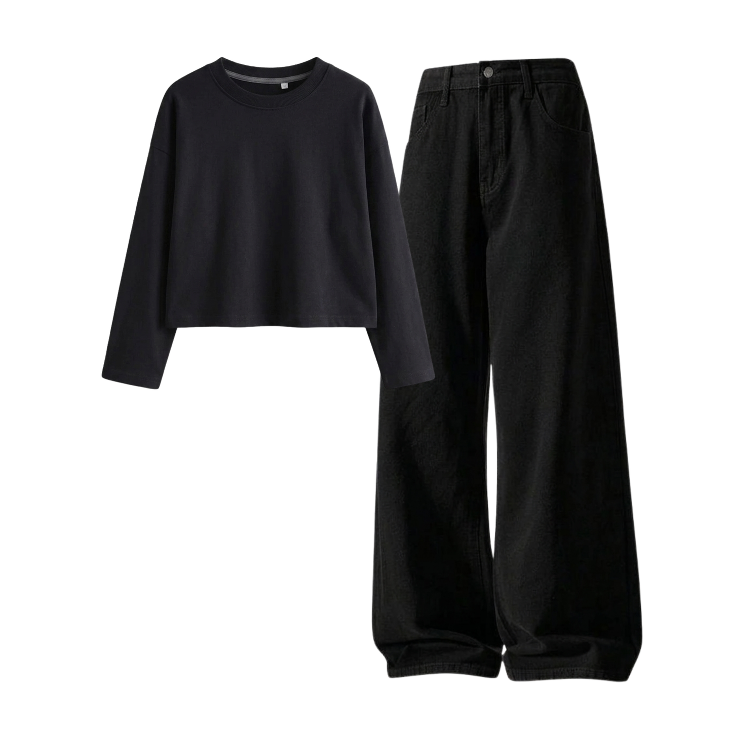 Black Wide-Leg Baggy Jeans With Crop Full Sleeves T-Shirt