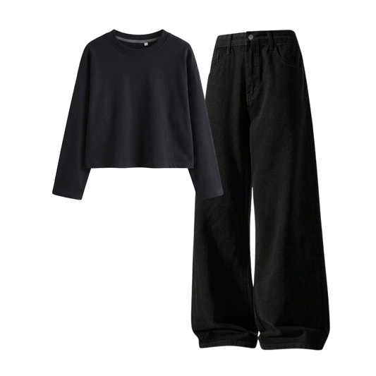 Black Wide-Leg Baggy Jeans With Crop Full Sleeves T-Shirt