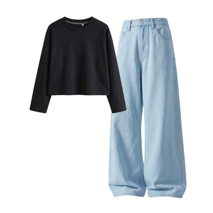 Iceblue Wide-Leg Baggy Jeans With Crop Full Sleeves T-Shirt