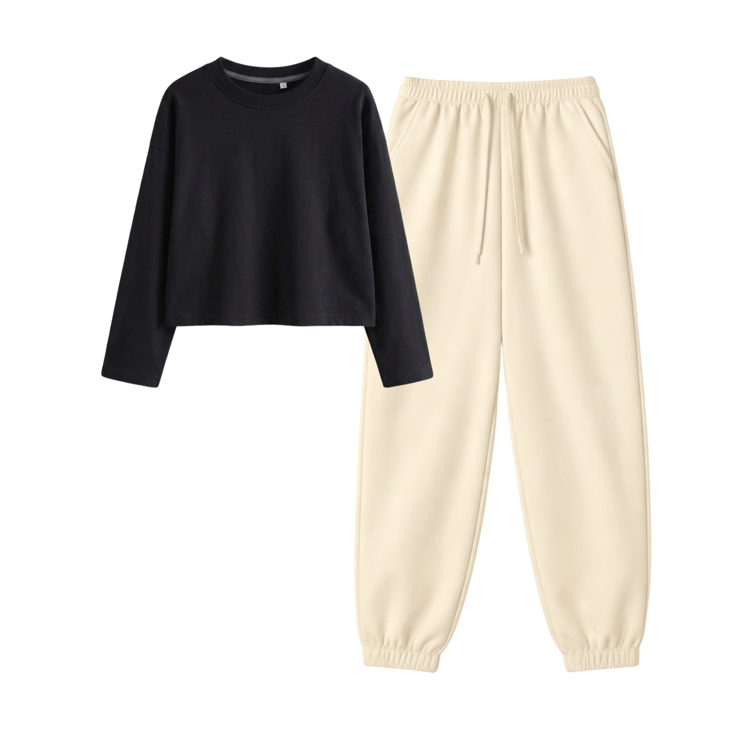 Cream Sweatpant With Crop Full Sleeves T-Shirt
