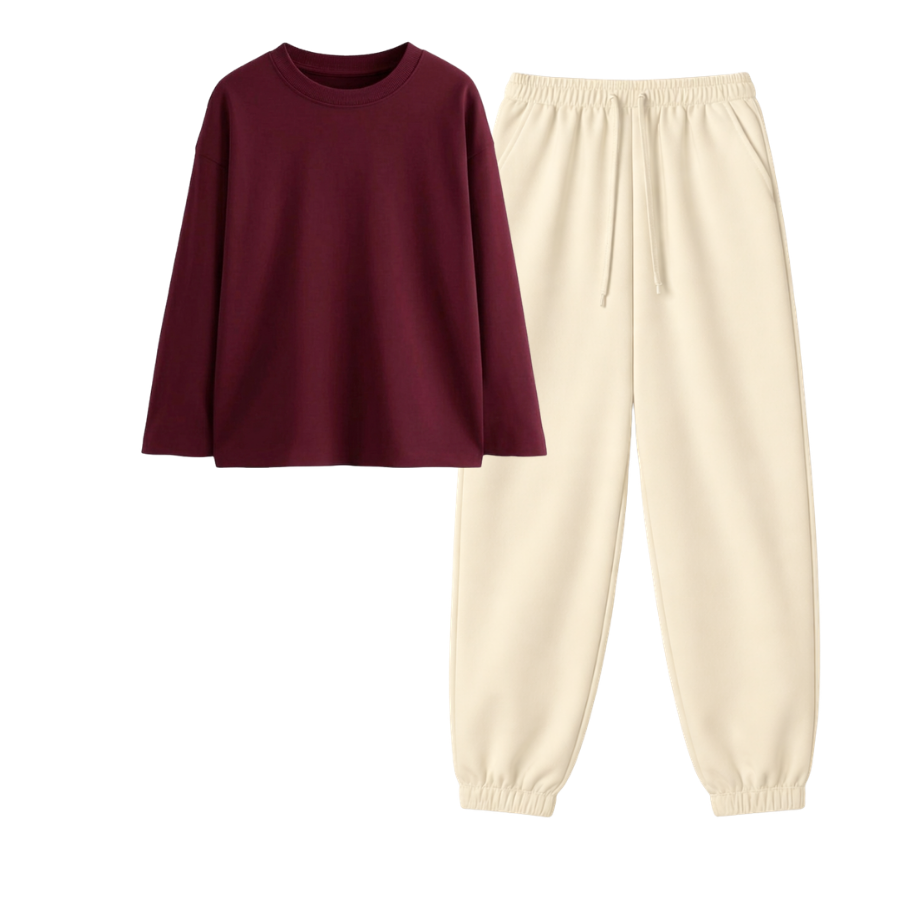 Cream Sweatpant With Full Sleeves T-Shirt