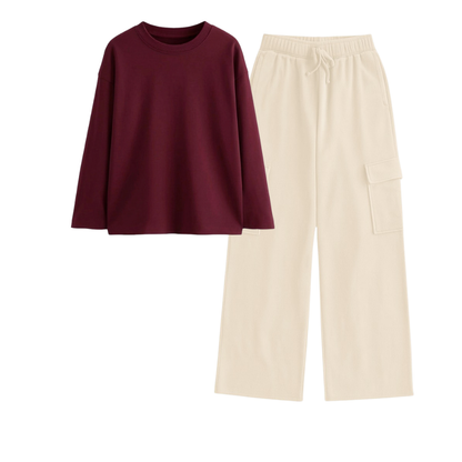 Cream Wide-Leg Cargo With Full Sleeves T-Shirt
