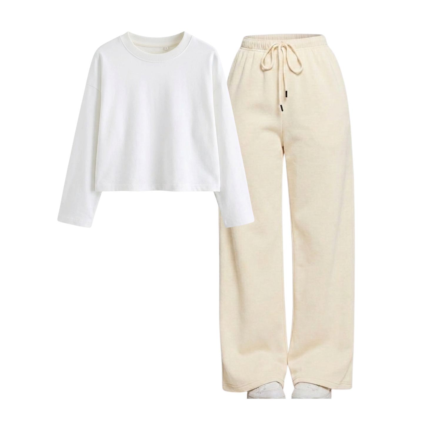 Beige Wide-Leg Trouser With Crop Full Sleeves T-Shirt