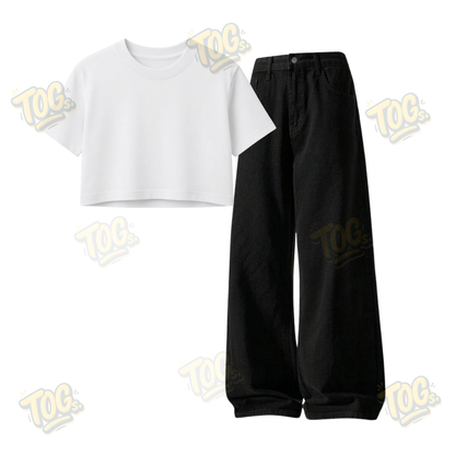 Black Wide-Leg Baggy Jeans With Crop T-Shirt