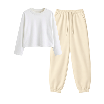 Cream Sweatpant With Crop Full Sleeves T-Shirt