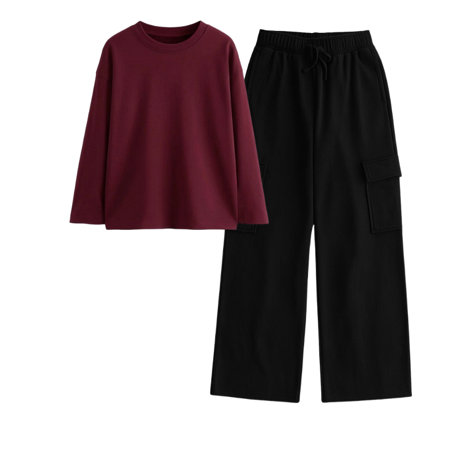Black Wide-Leg Cargo With Full Sleeves T-Shirt