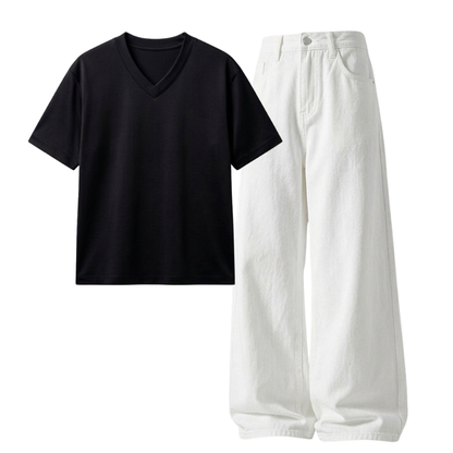 White Wide-Leg Baggy Jeans With V-Neck T-Shirt