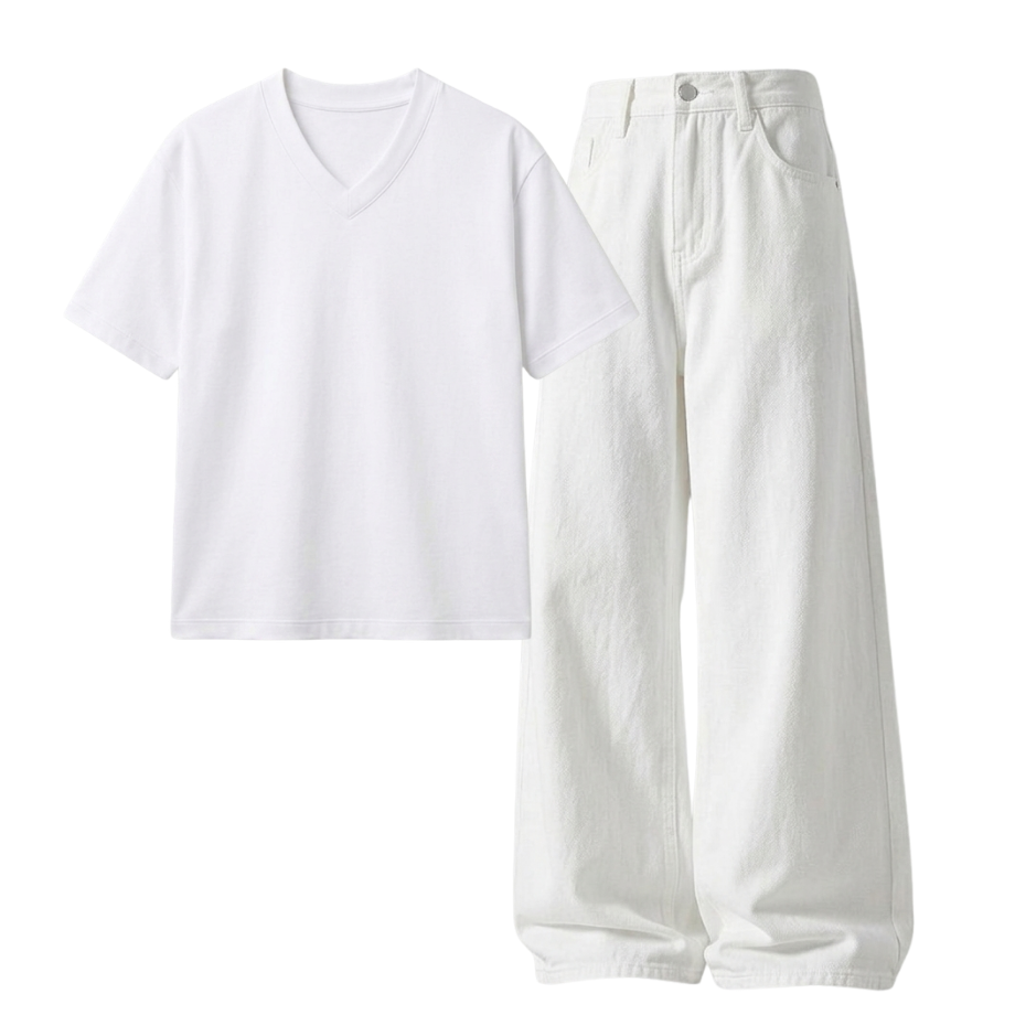 White Wide-Leg Baggy Jeans With V-Neck T-Shirt