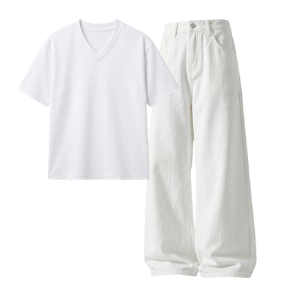 White Wide-Leg Baggy Jeans With V-Neck T-Shirt