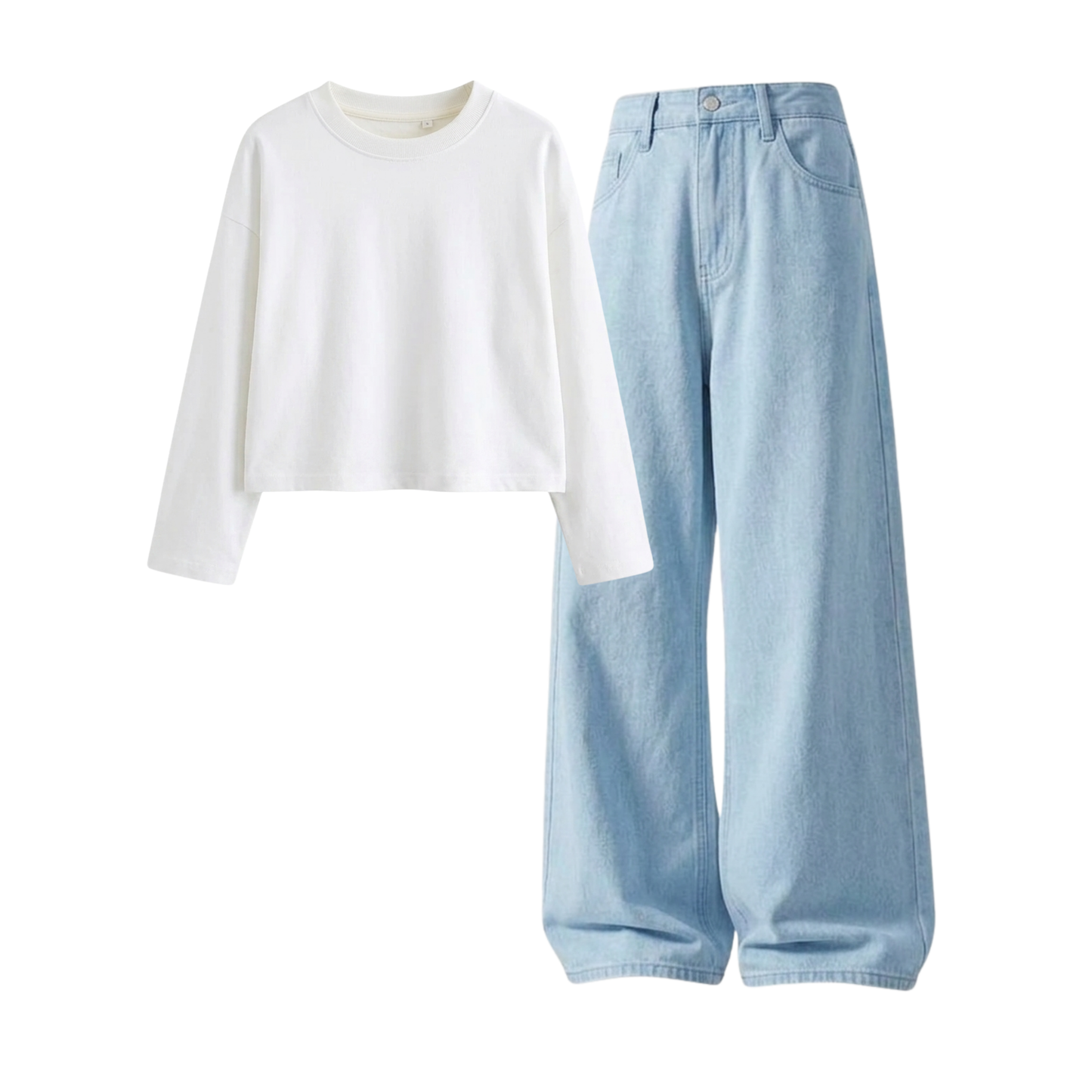 Iceblue Wide-Leg Baggy Jeans With Crop Full Sleeves T-Shirt