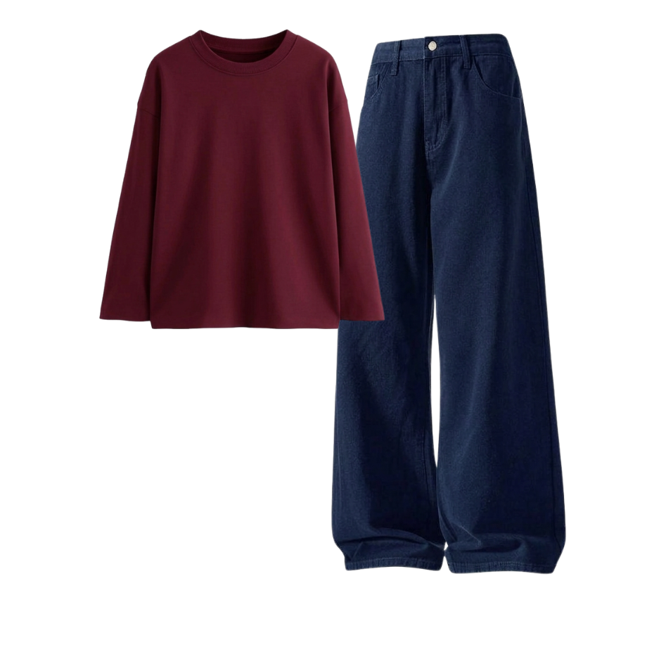 Darkblue Wide-Leg Baggy Jeans With Full Sleeves T-Shirt