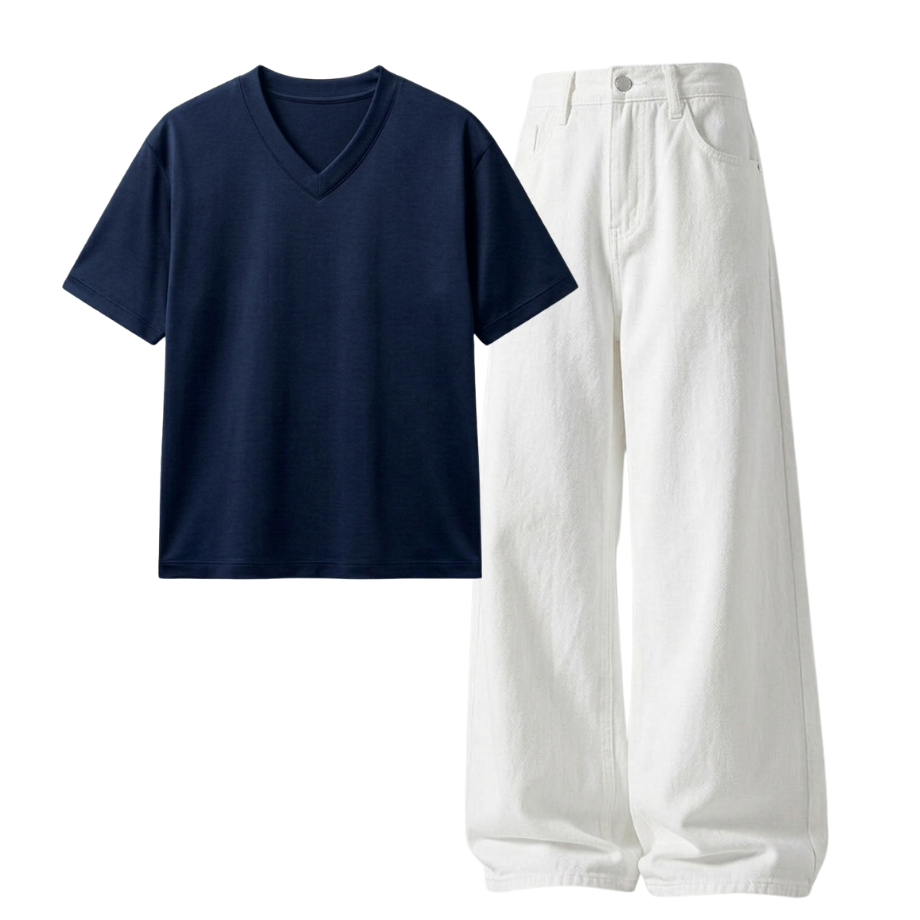 White Wide-Leg Baggy Jeans With V-Neck T-Shirt