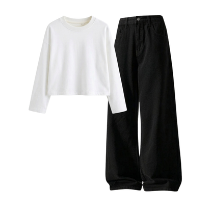 Black Wide-Leg Baggy Jeans With Crop Full Sleeves T-Shirt