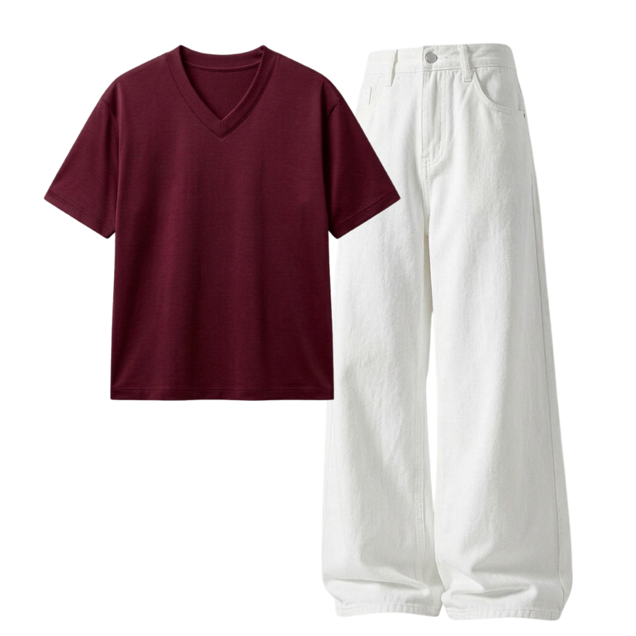 White Wide-Leg Baggy Jeans With V-Neck T-Shirt