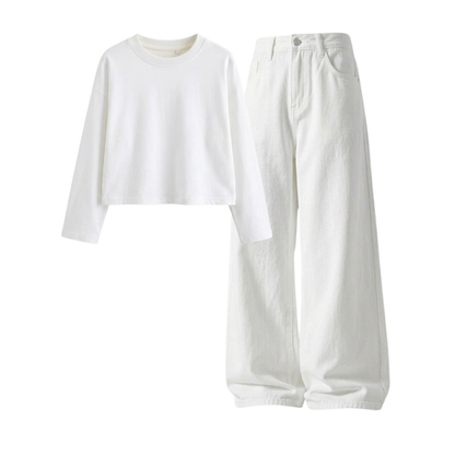 White Wide-Leg Baggy Jeans With Crop Full Sleeves T-Shirt