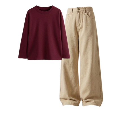 Beige Wide-Leg Baggy Jeans With Full Sleeves T-Shirt