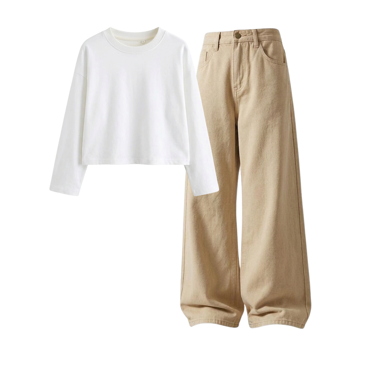 Beige Wide-Leg Baggy Jeans With Crop Full Sleeves T-Shirt