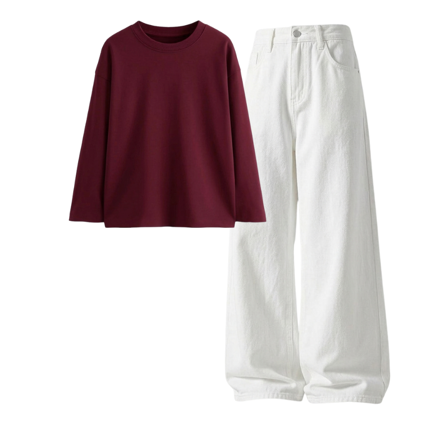 White Wide-Leg Baggy Jeans With Full Sleeves T-Shirt