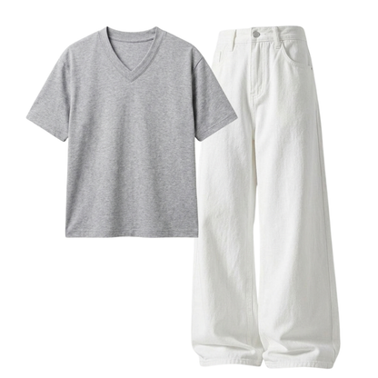 White Wide-Leg Baggy Jeans With V-Neck T-Shirt