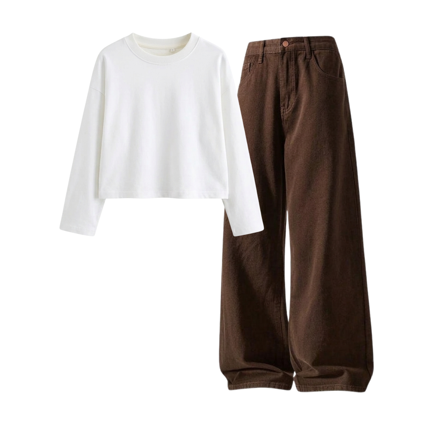 Brown Wide-Leg Baggy Jeans With Crop Full Sleeves T-Shirt