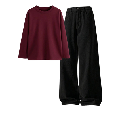 Black Wide-Leg Baggy Jeans With Full Sleeves T-Shirt