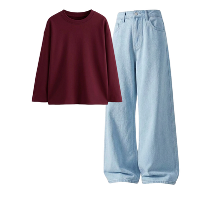 Iceblue Wide-Leg Baggy Jeans With Full Sleeves T-Shirt