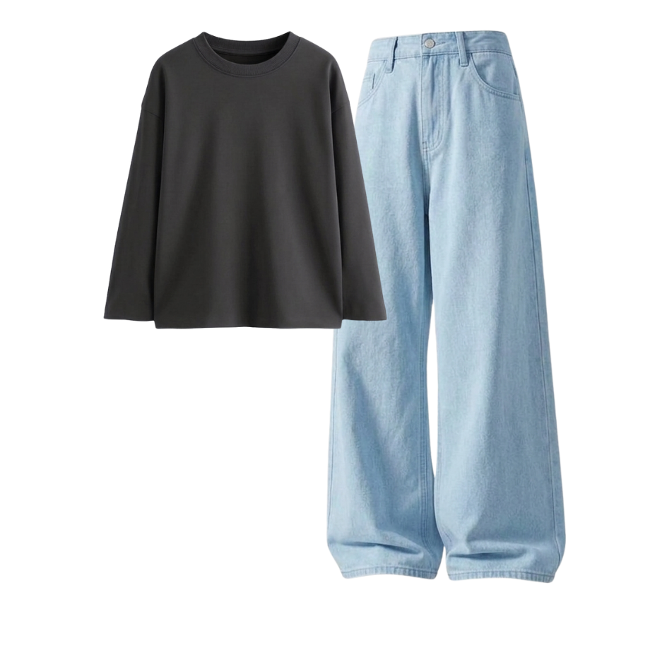 Iceblue Wide-Leg Baggy Jeans With Full Sleeves T-Shirt
