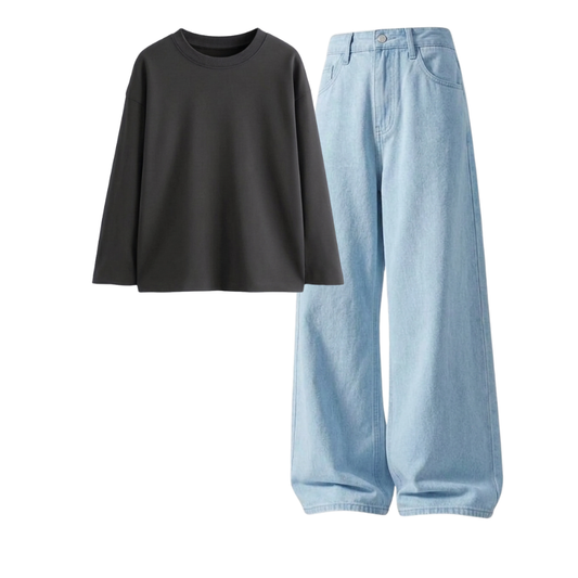 Iceblue Wide-Leg Baggy Jeans With Full Sleeves T-Shirt
