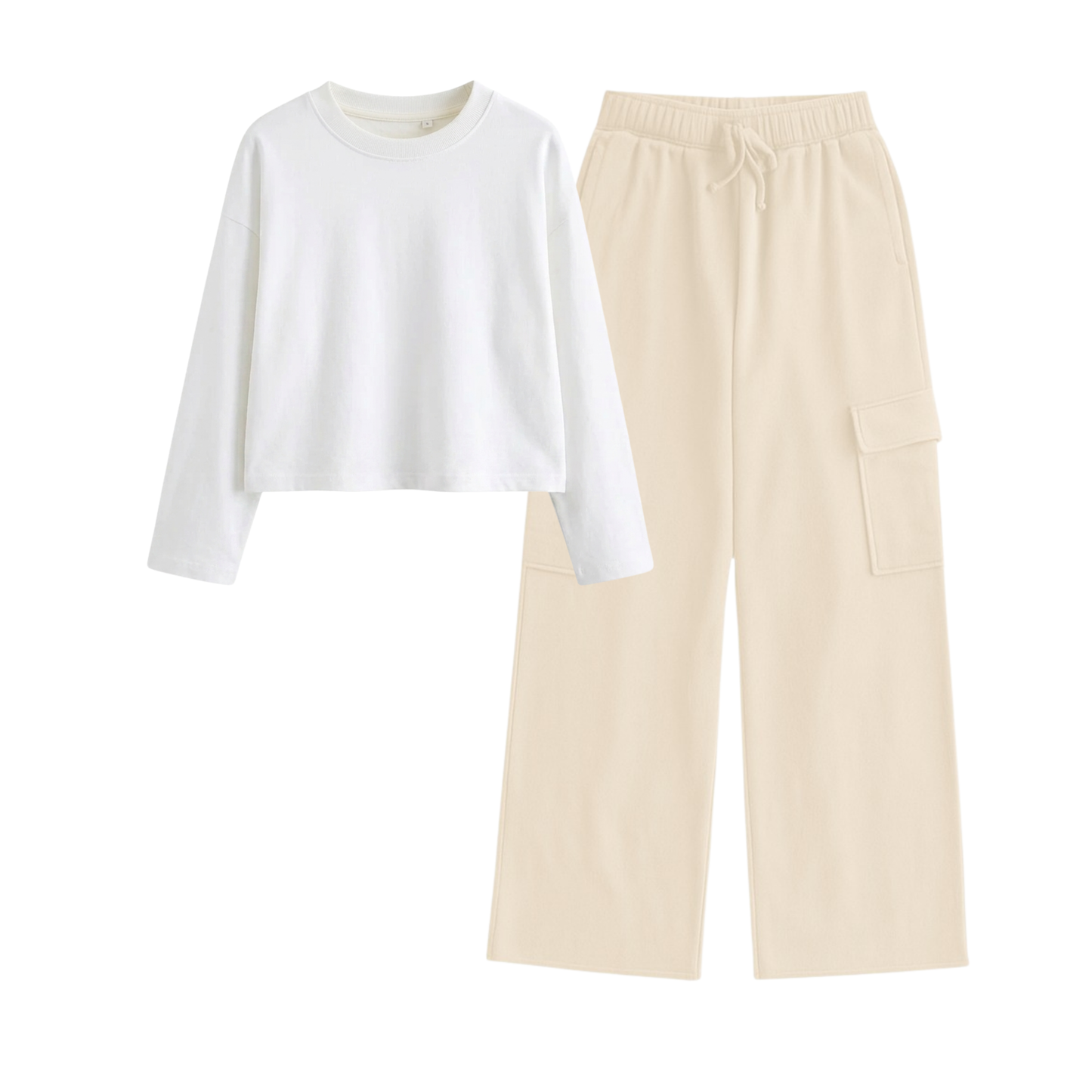 Cream Wide-Leg Cargo With Crop Full Sleeves T-Shirt