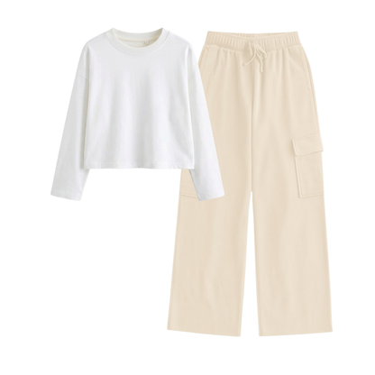 Cream Wide-Leg Cargo With Crop Full Sleeves T-Shirt