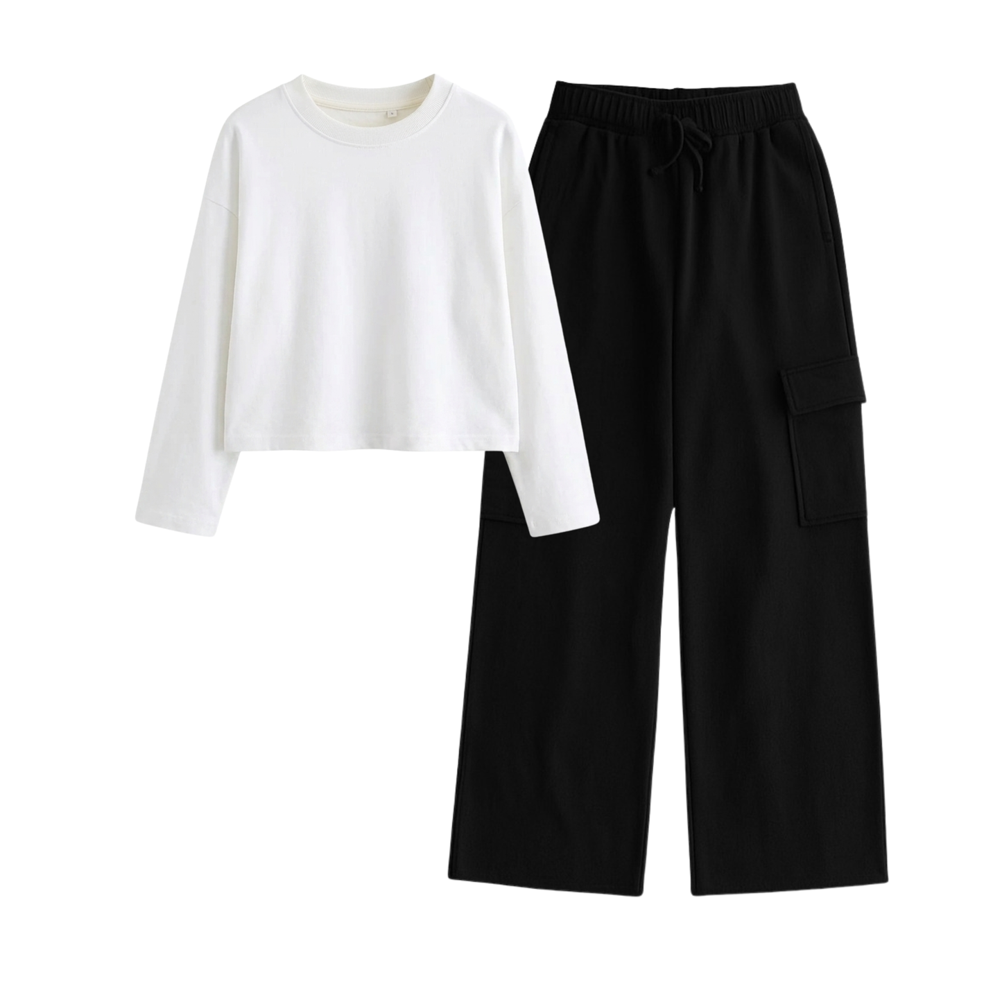Black Wide-Leg Cargo With Crop Full Sleeves T-Shirt