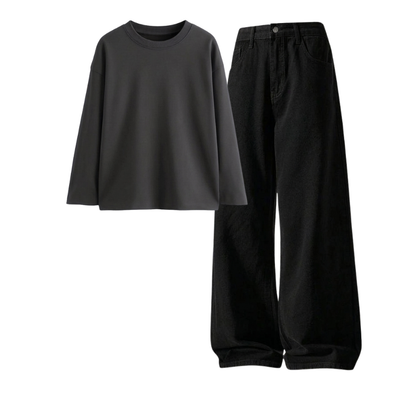 Black Wide-Leg Baggy Jeans With Full Sleeves T-Shirt