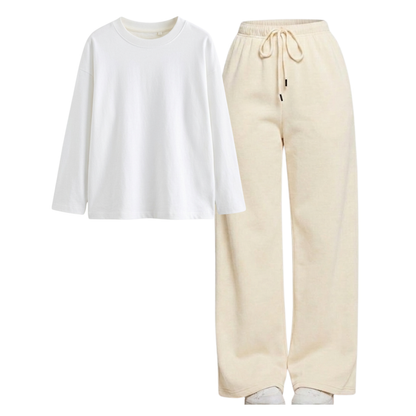 Beige Wide-Leg Trouser With Full Sleeves T-Shirts