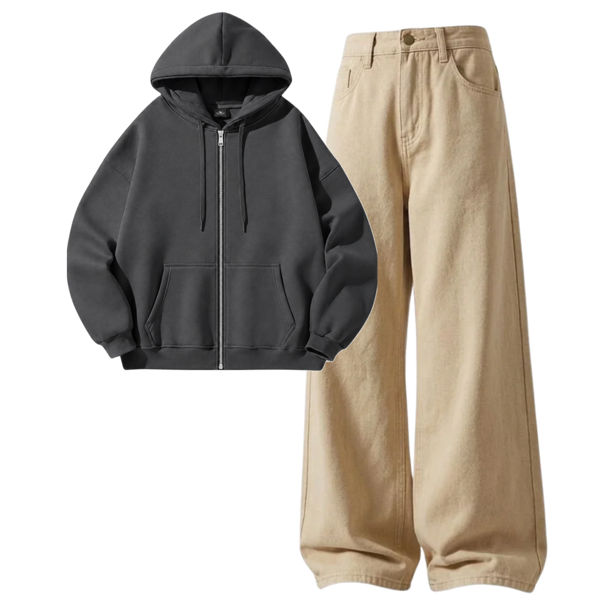 Beige Baggy Jeans With Zipper
