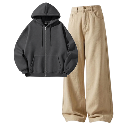 Beige Baggy Jeans With Zipper