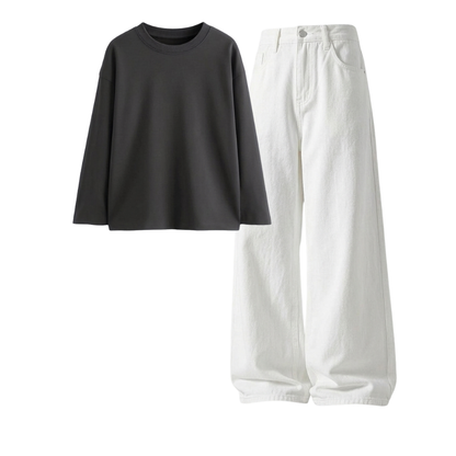 White Wide-Leg Baggy Jeans With Full Sleeves T-Shirt