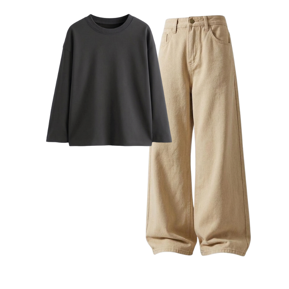 Beige Wide-Leg Baggy Jeans With Full Sleeves T-Shirt