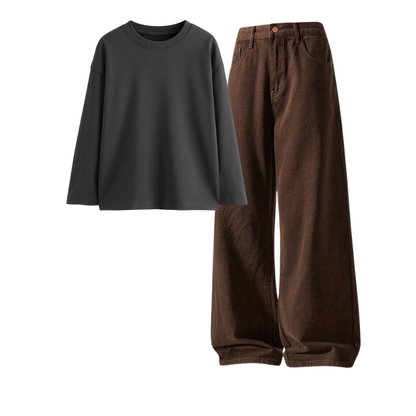 Brown Wide-Leg Baggy Jeans With Full Sleeves T-Shirt