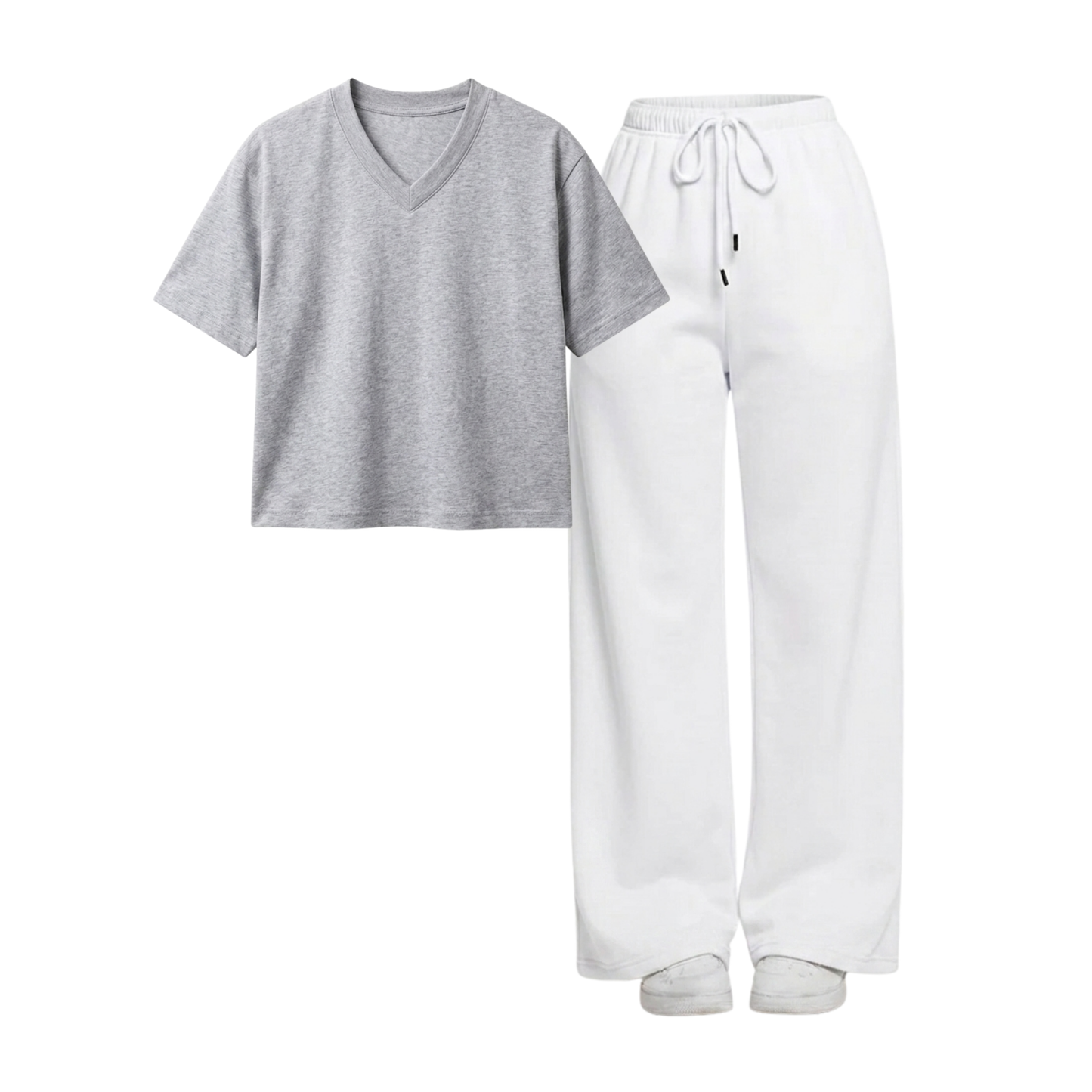 White Wide-Leg Trouser With Crop V-Neck T-Shirt