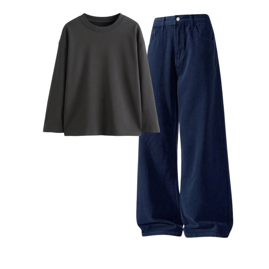 Darkblue Wide-Leg Baggy Jeans With Full Sleeves T-Shirt