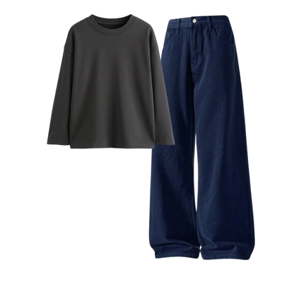 Darkblue Wide-Leg Baggy Jeans With Full Sleeves T-Shirt