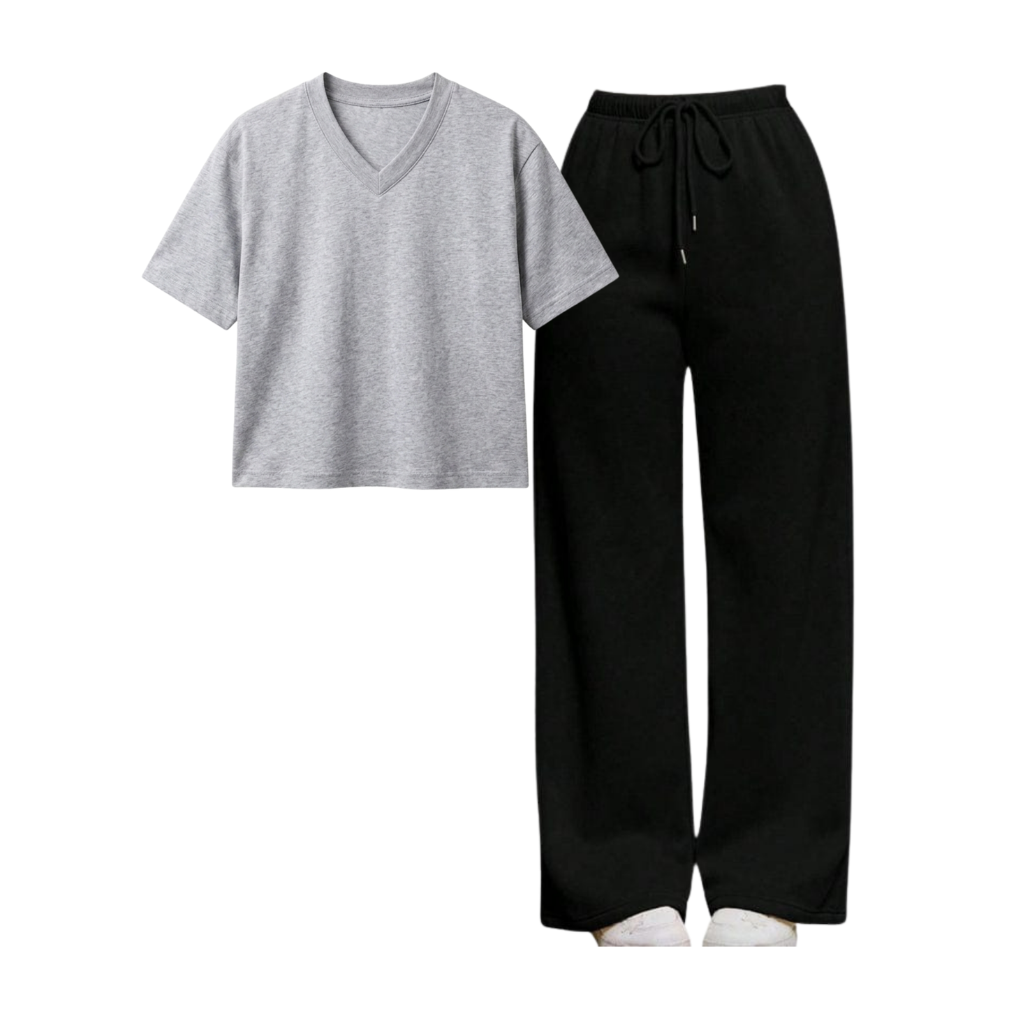 Black Wide-Leg Trouser With Crop V-Neck T-Shirt
