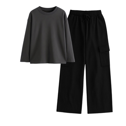 Black Wide-Leg Cargo With Full Sleeves T-Shirt